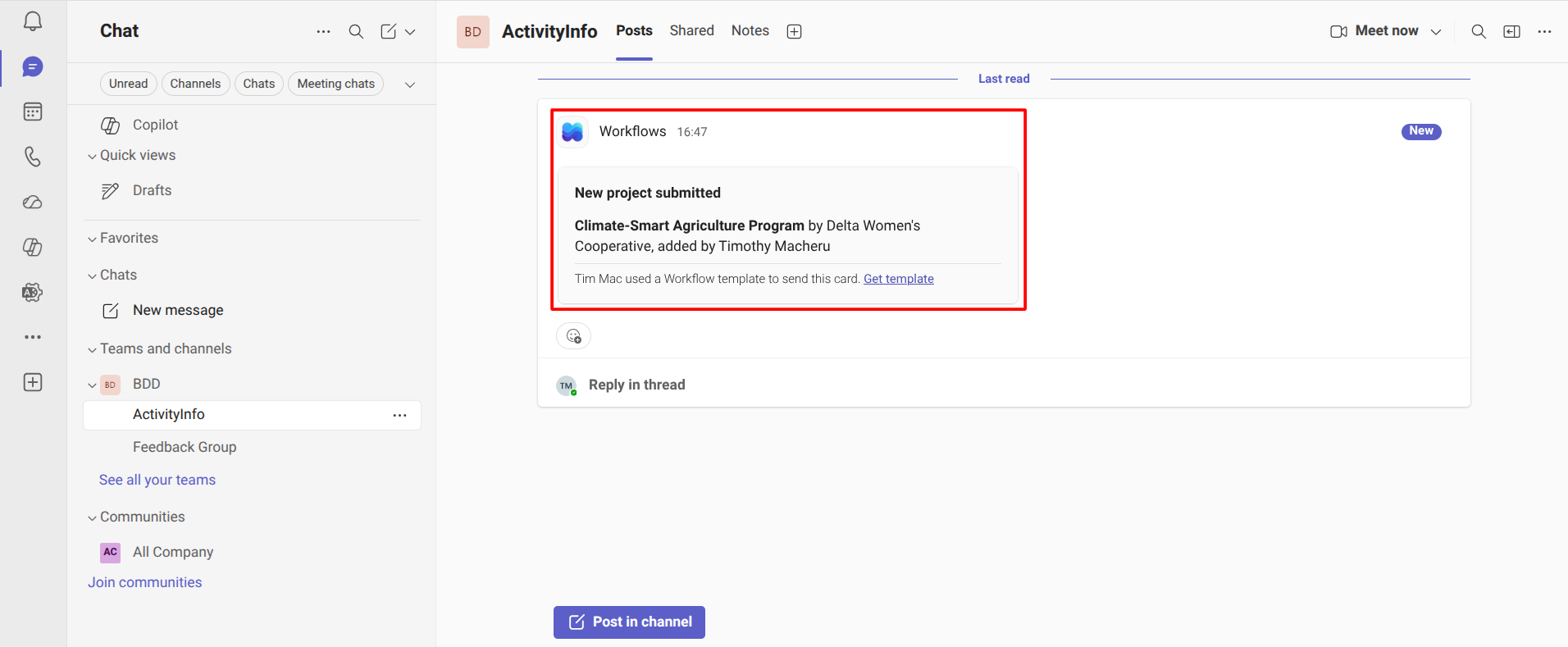 ActivityInfo notification received in Microsoft Teams
