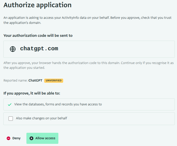 Allow ChatGPT to access your ActivityInfo data