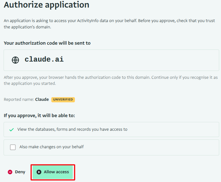 Allow Claude to access your ActivityInfo data