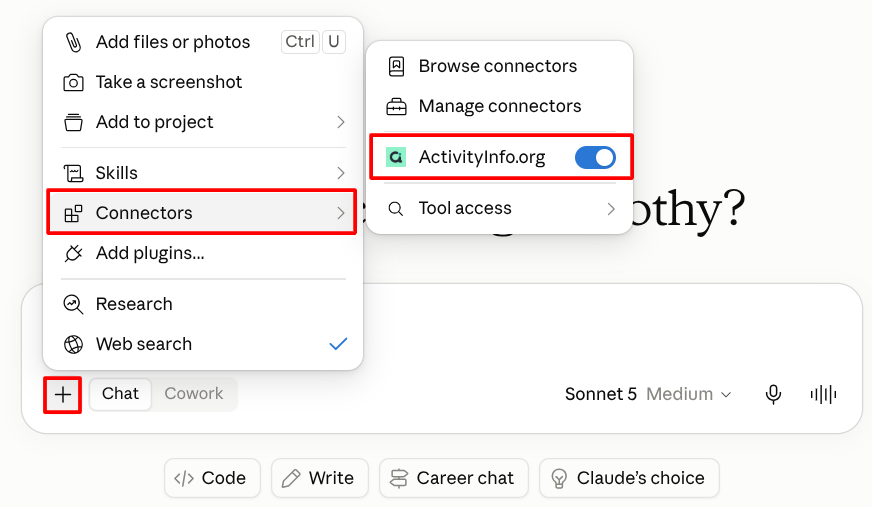 New chat with ActivityInfo as the connector