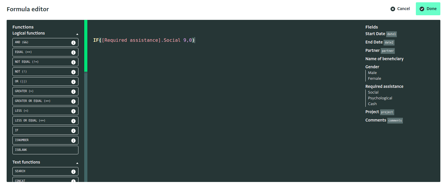 Valid Formula, Done button enabled