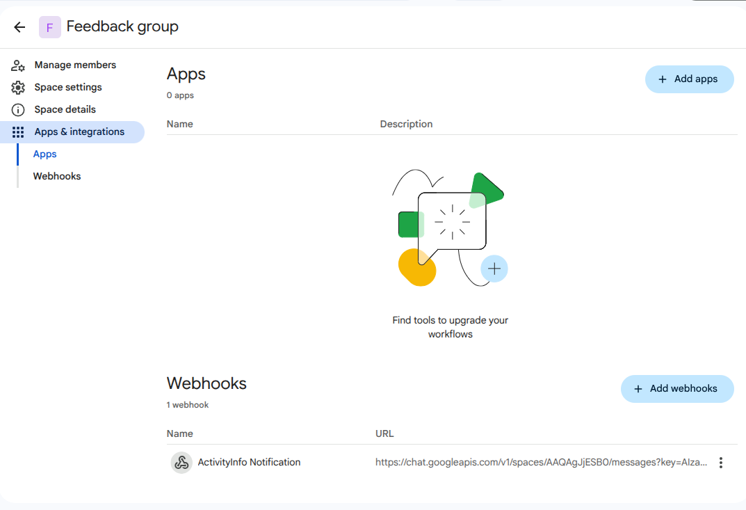 Знімок екрана налаштувань вебхука в просторі Google Chat