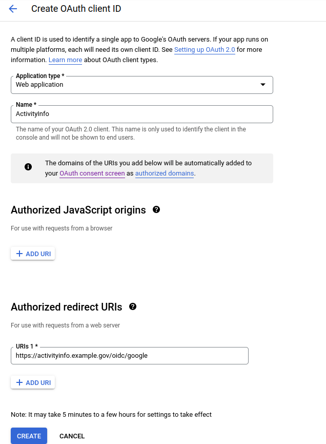 Screenshot of Create OAuth Client ID screen
