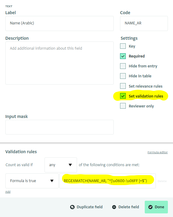 Screenshot of the field editor